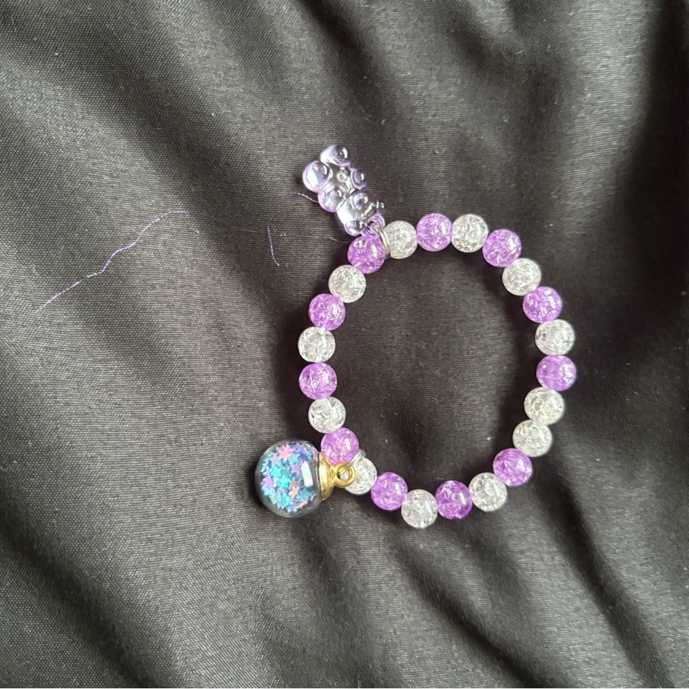 Purple and Silver Beaded Bracelet with Charm